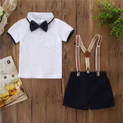 Gentleman Outfits Suits 3 Piece Short Sleeve Polo Shirt+Bib Pants+Bow Tie Boy Polo Short Set