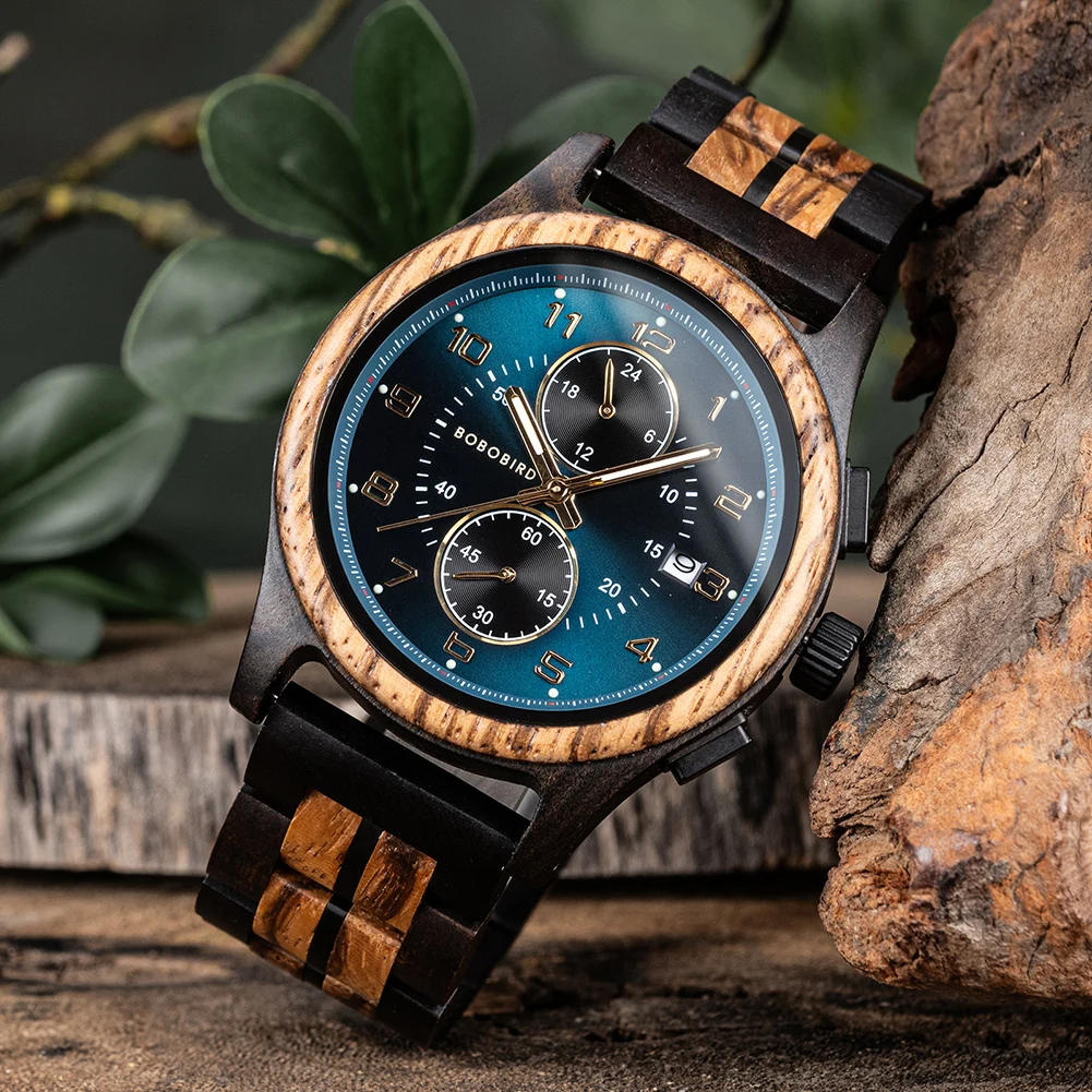 High quality Ingenuity Art Design Water resistant low moq Sun pattern literal luminous all-wood watch case wooden watch