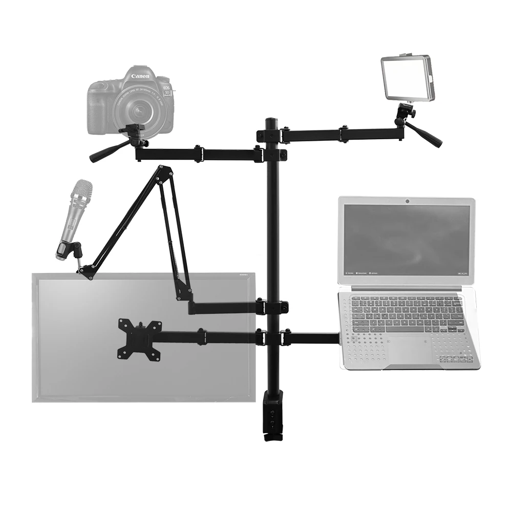 Factory Direct Multi-function live broadcast bracket Dual Monitor Stand Arm notebook flash microphone display bracket