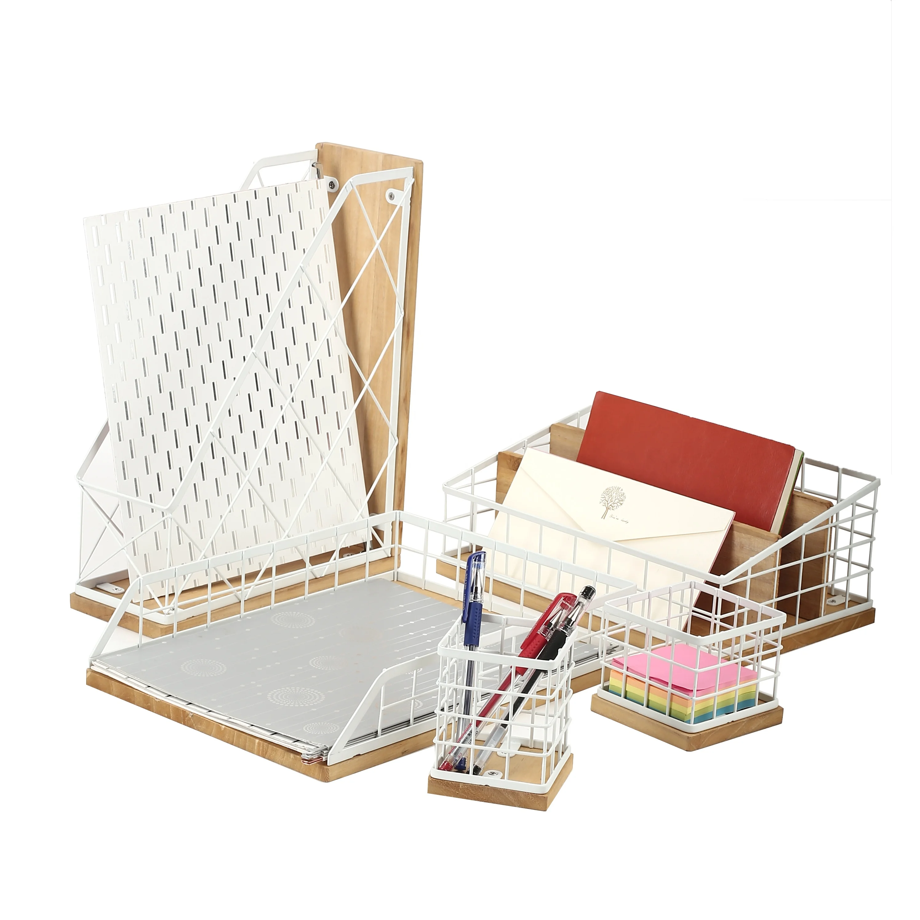 organizadores de oficina Desktop Item Office Accessories for Desk Stationery Holder 5 Pcs Wooden Desk Organizer Metal Office Set