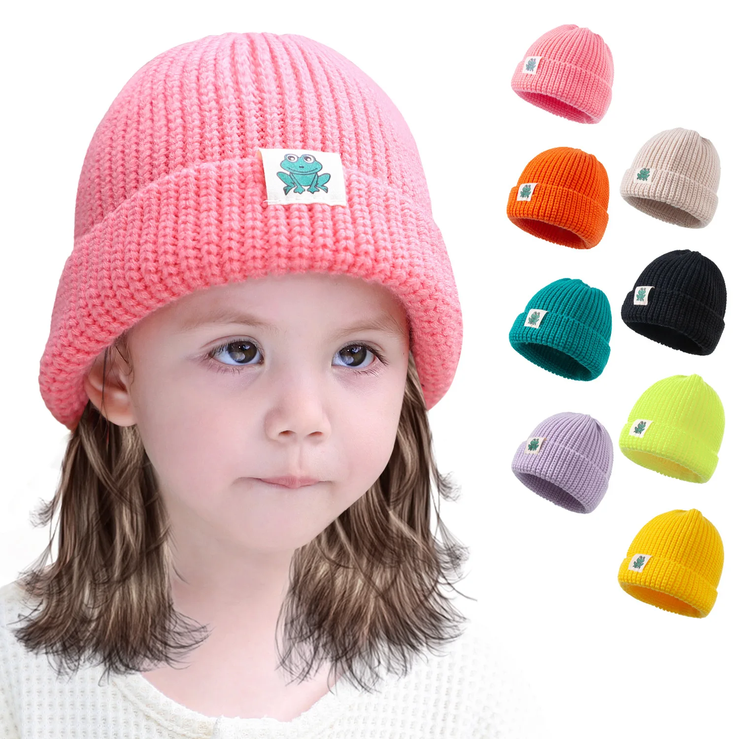 New Hot Infant Toddler Kids Acrylic Hat Baby Cuffed Beanies Skull Caps Hip Hop Solid Color Winter Hats Warm Frog Beanie Knit Ha