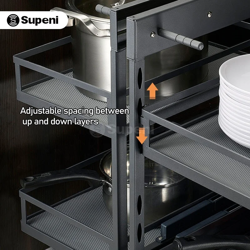 Supeni China Supplier Kitchen Cabinet Corner Magic Basket 2 Layer Pull Out Magic Corner for kitchen Organizer