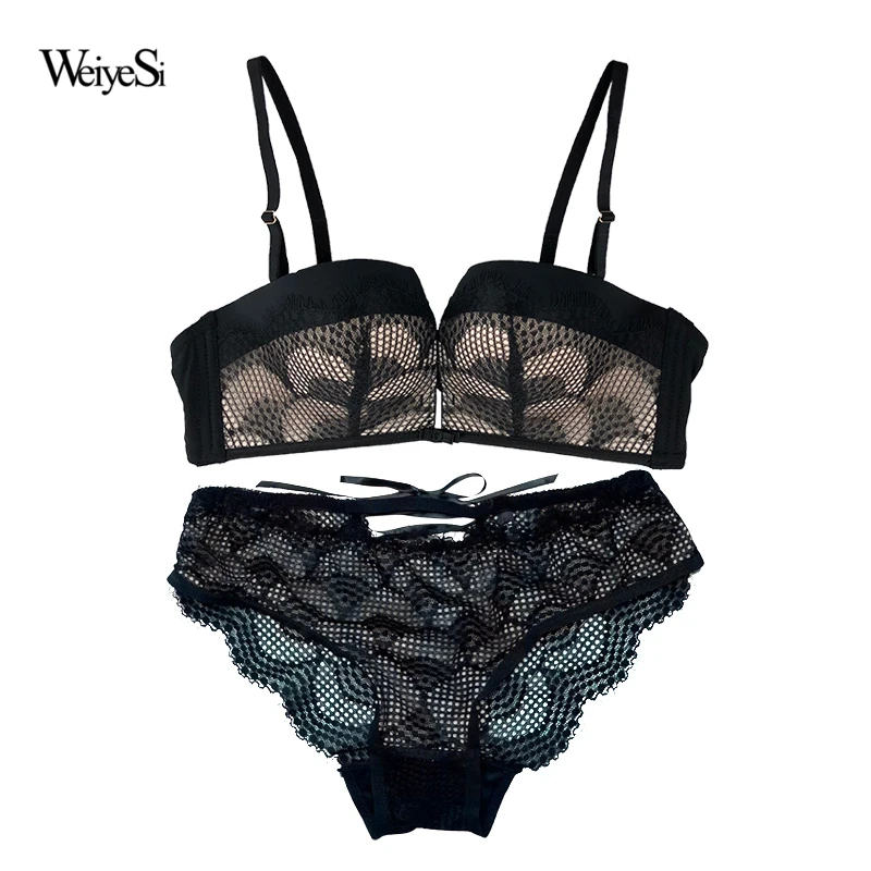 Weiyesi New arrival Sexy push up balconette bra and lacy satin strap panties sets Comfy Wireless half cup bra & brief set