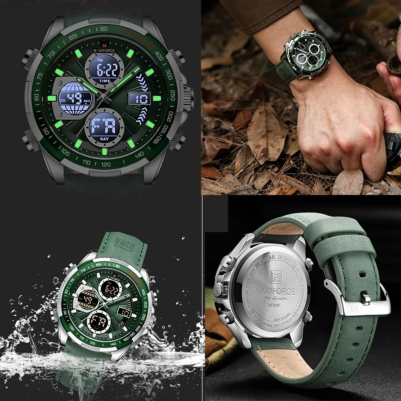 Часы наручные NAVIFORCE мужские с хронографом, роскошные спортивные водонепроницаемые кварцевые большие цифровые, с будильником, 9197