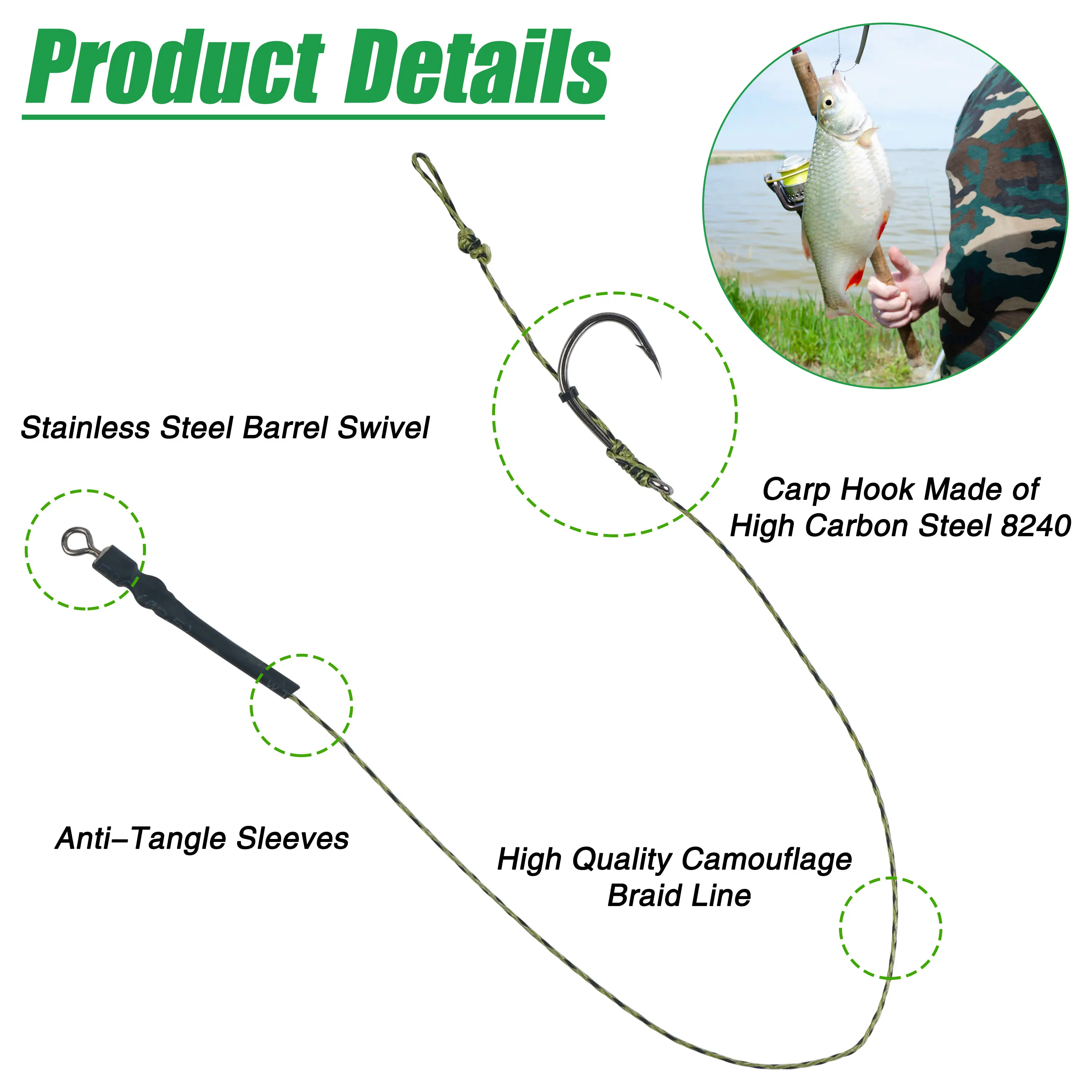 6Pcs 8340Carp Fishing Hair Rigs With Curved Barbed Carp Hook Rolling Swivels and Braid Fishing Lines for Boilies Bait Stopper