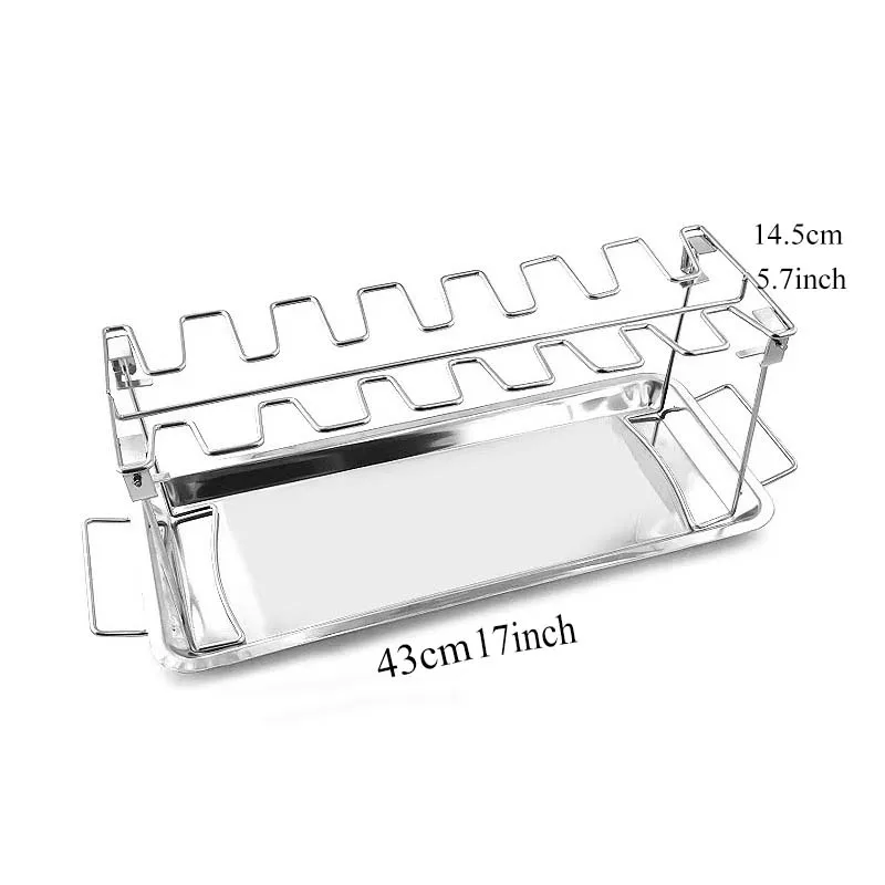 14 Slots Foldable BBQ Chicken Drumsticks Rack Stainless Steel Roaster Stand with Drip Pan Chicken Leg Barbecue Grill Rack