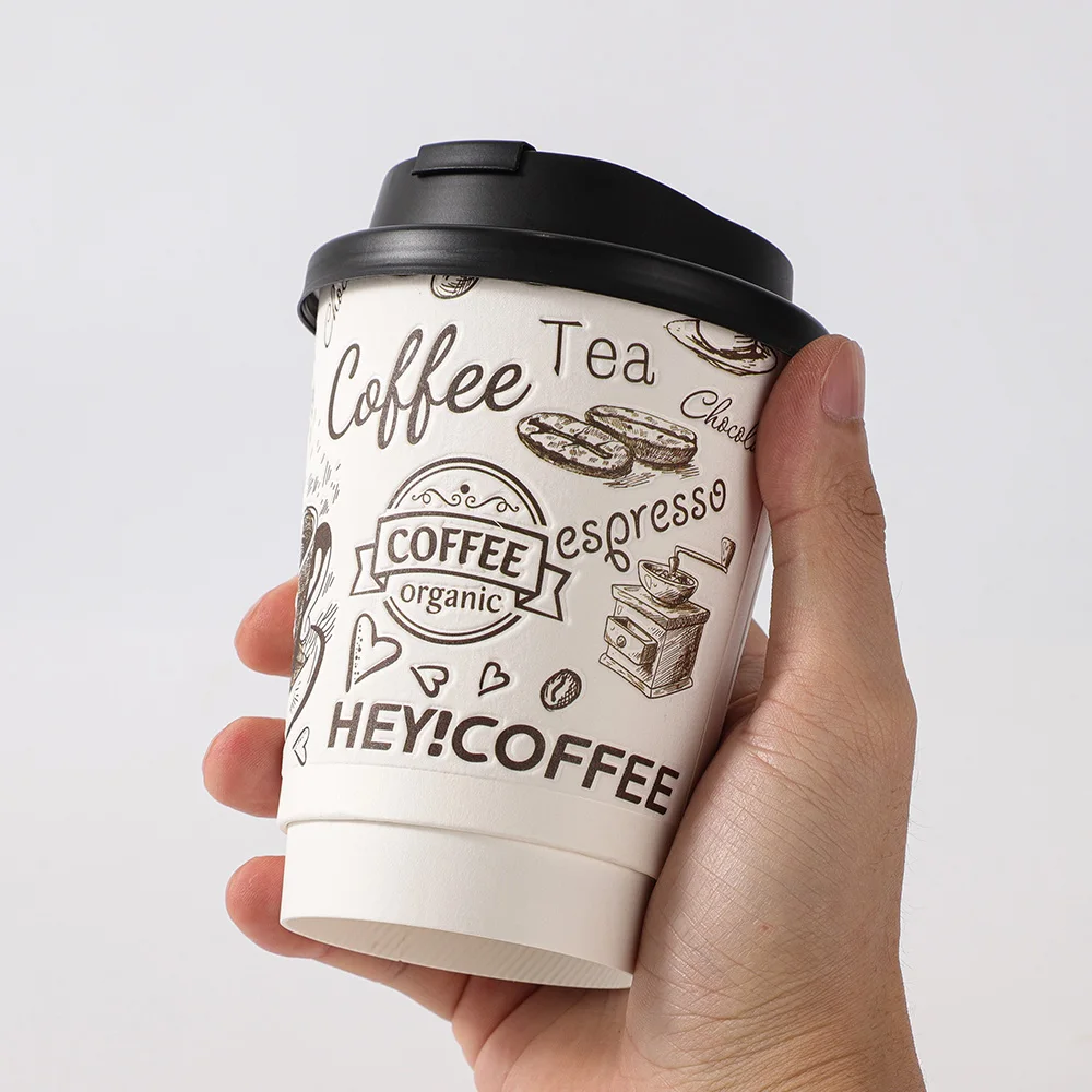 LOKYO Wholesale eco friendly pla 3D embossing disposable double single wall coffee paper cup for hot drinks