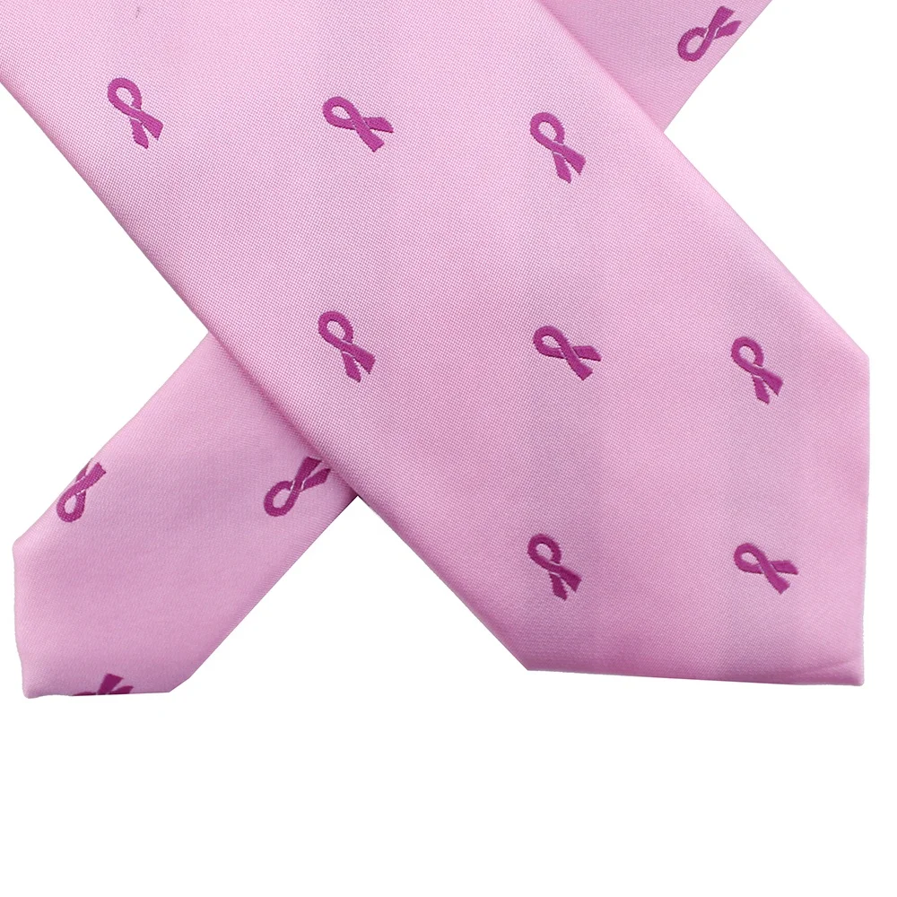 Slim Skinny China Wholesale Custom Necktie Microfiber Polyester Woven Breast Cancer Ribbon High Quality Pink Ties Satin For Mens