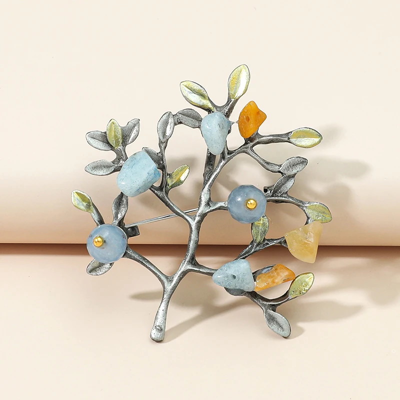 2021 Popular Fashion Style Tree Leaf Decor Brooches Women Multicolour Natural Stone Brooch