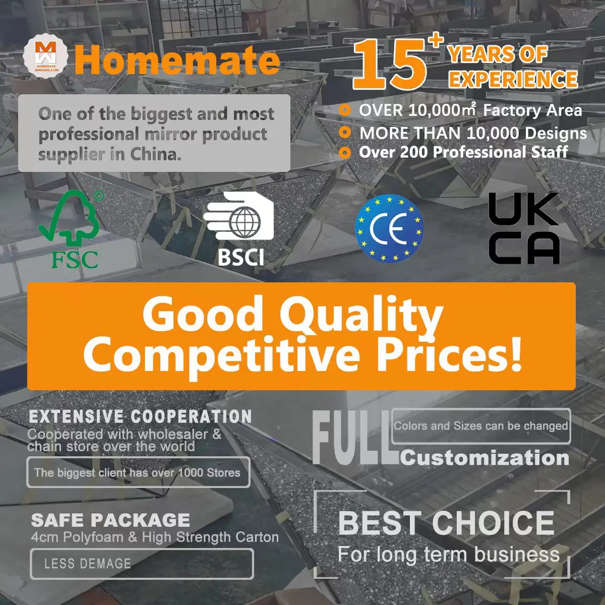 Hot Competitive Big Mirrored Floor Grandfather Clock with Faux Crushed Diamonds