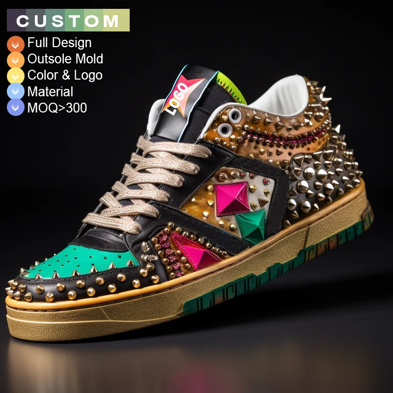 Custom men luxury brand Rhinestone Rivets shoes lace-up genuine leather shoe trendy studded sneakers designer footwear