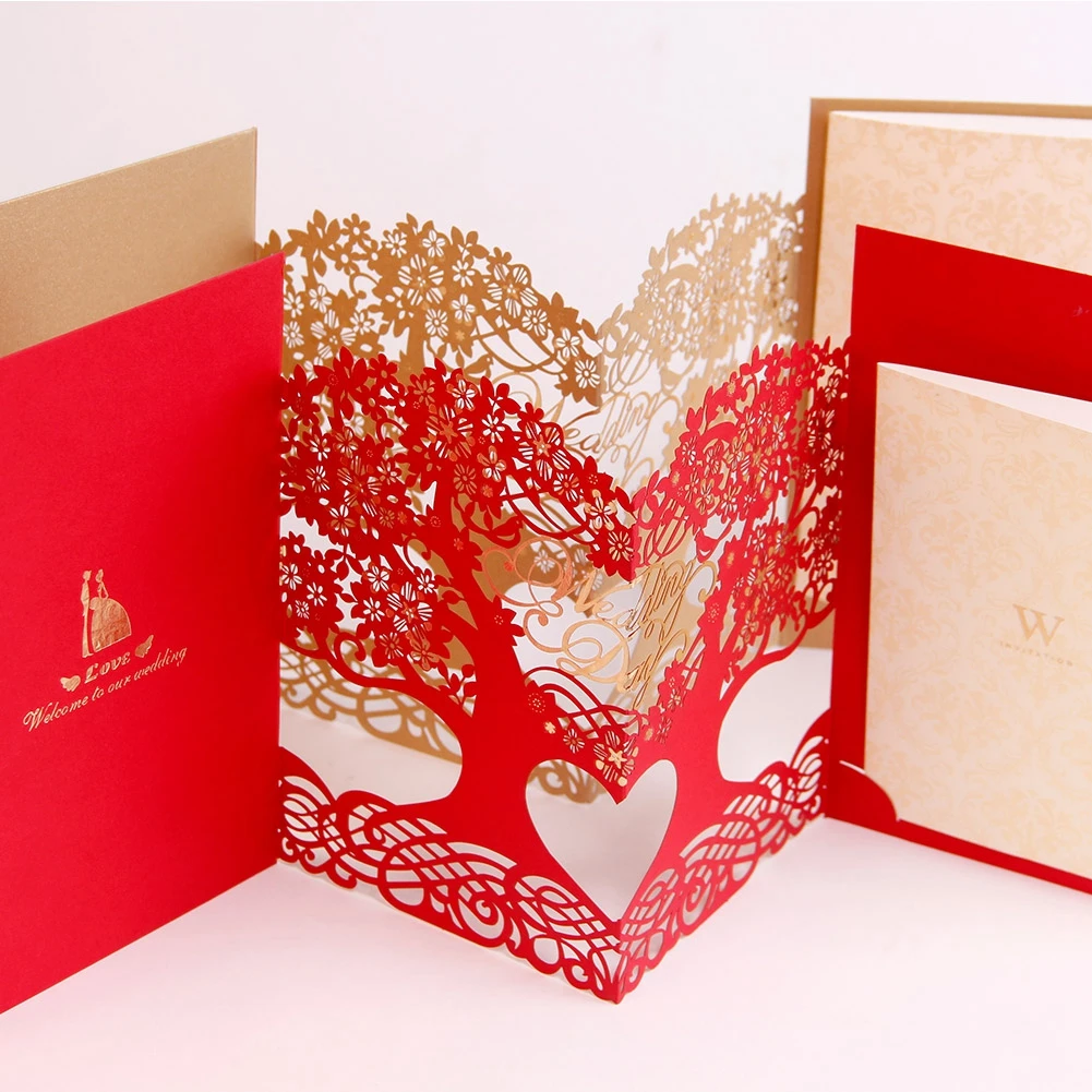 
Laser Cut Tree Wedding Invitations Cards Personalized Customized Printing with Envelope Red and Gold Color 