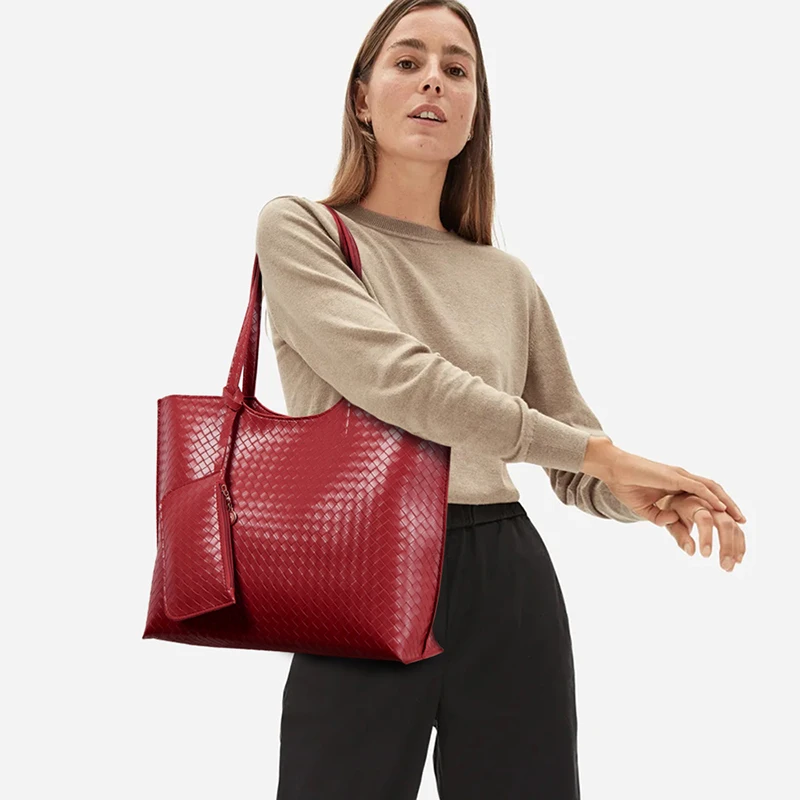 
New Model PU Leather Woven Pattern Designers Ladies Tote Bags Handbags with Mini Purse Pouch 