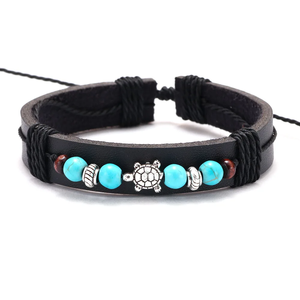 Hot sale leather jewelry vintage versatile cowhide drawstring bracelet wooden beads small turtle turtle accessories