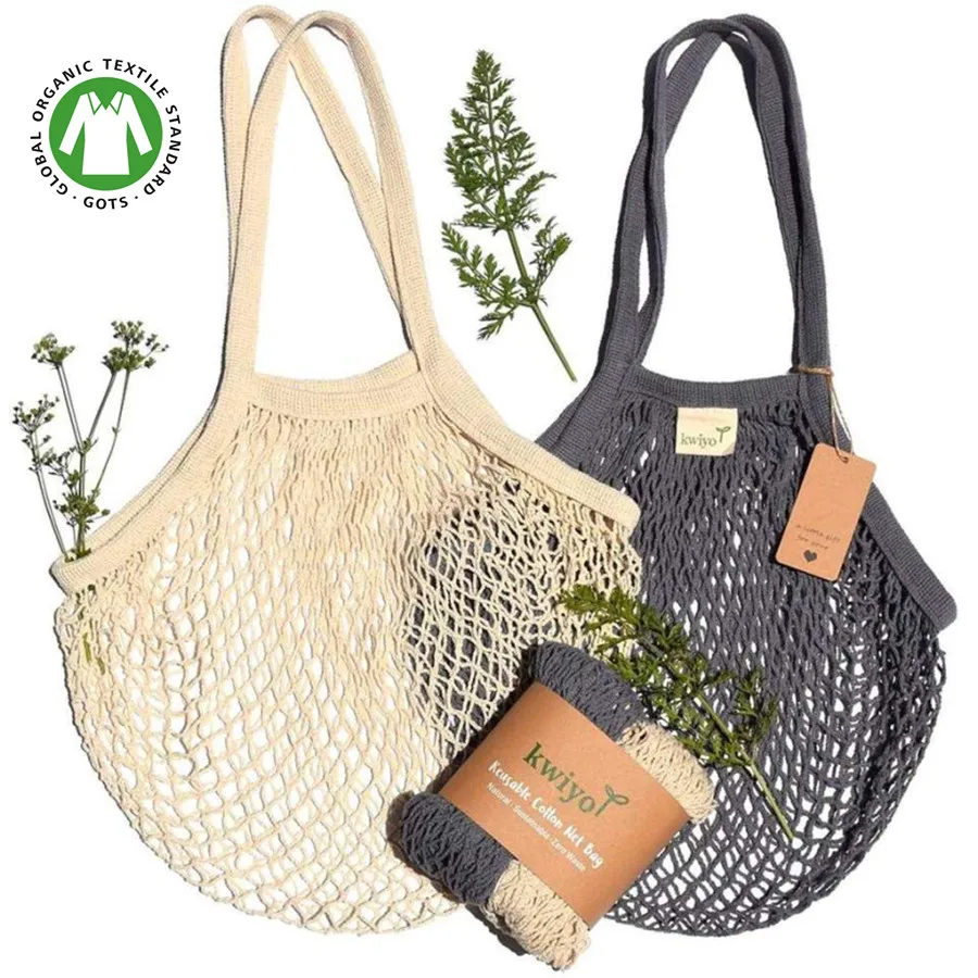 Grocery Shopping Net Tote Washable Biodegradable Eco Friendly GOTS Reusable Produce Drawstring Pouch Organic Cotton Mesh Bags