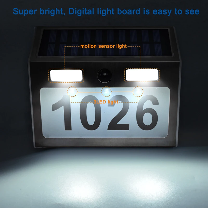 Solar House Number Plaque Light with 200LM Motion Sensor LED Lights Address for Home Garden Door lighting