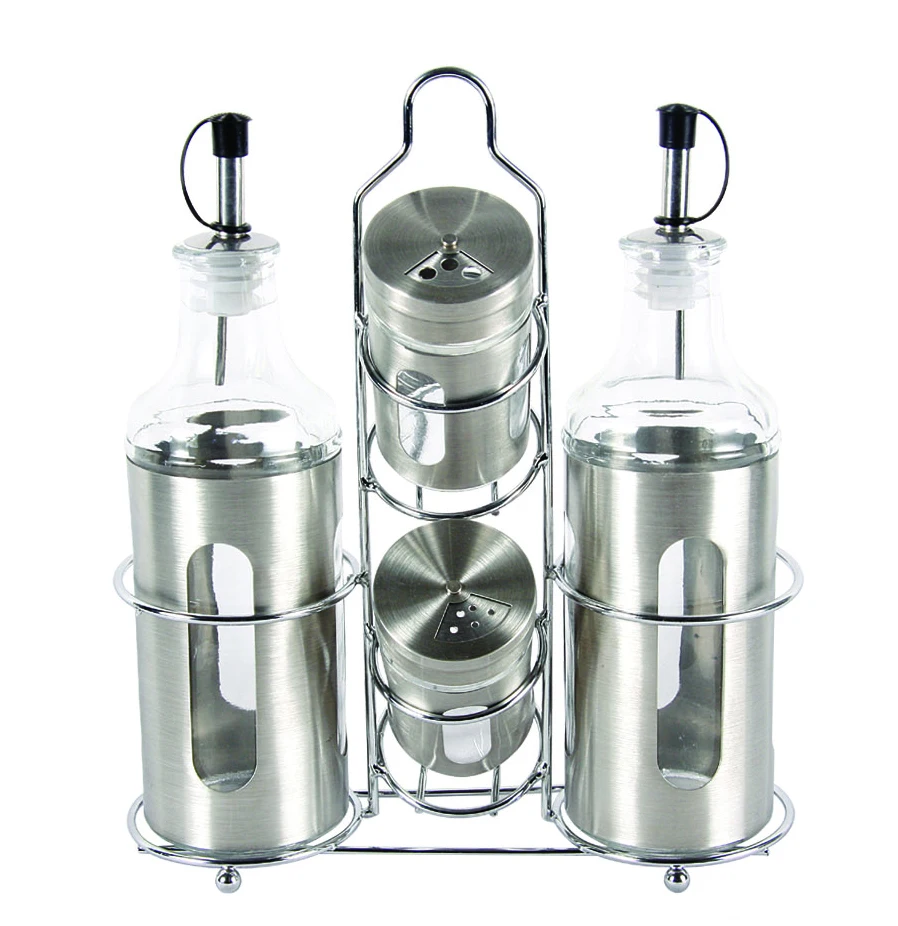 Set 4 Stainless Steel Coated Glass Oil Vinegar Bottles and Glass Salt Pepper Shakers in Metal Rack