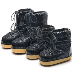 Winter hot soled sequined lace-up warm fleece fashion and comfort non slip waterproof moon shoes for women