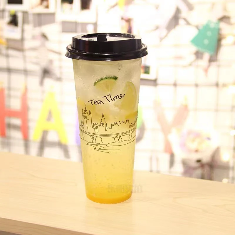 Plastic Disposable 500ml 700ml Custom logo Print Milk Tea Cup Disposable pp Injection Boba Bubble Tea Cup