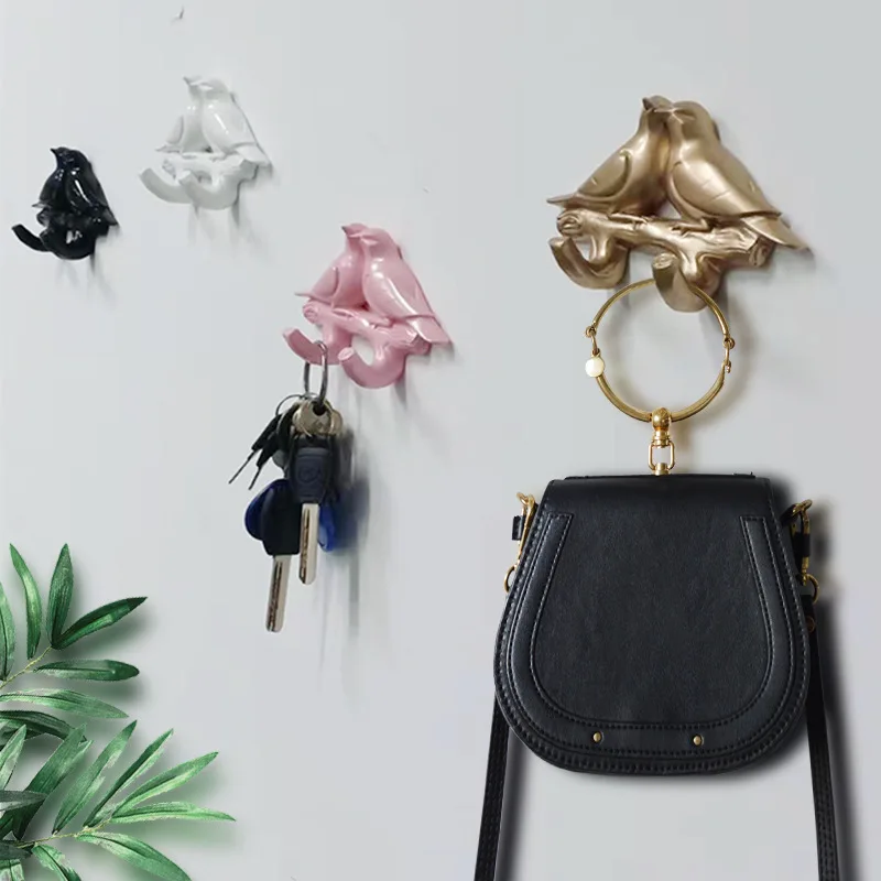 Wall rack double hook living room key clothes towel hat handbag rack bird resin creative hook