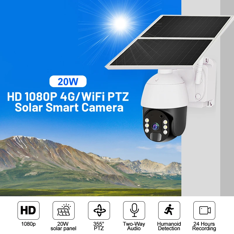 20W 30Ah No-stop Recording Secure Camera Wireless Outdoor Solar Ptz Camera 4G Solar Powered Cctv Camera