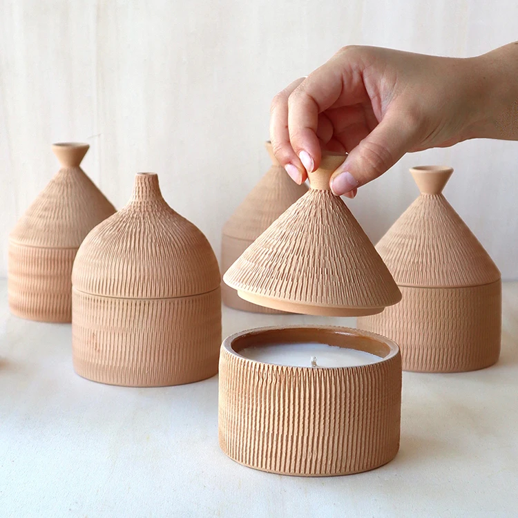 Vintage Home Decor Unique Candle Vessel Container Embossed Surface Textured Matte Clay EmptyCeramic Candle Jar With Lid