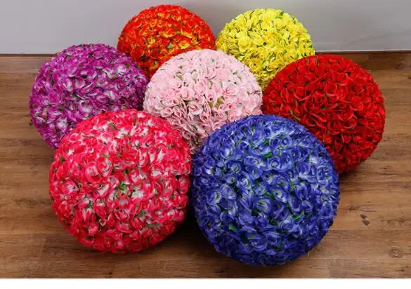 New style 12 inch silk artificial rose flower ball with green leaf  for  wedding centerpieces  decorations