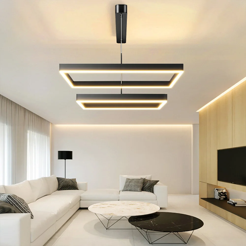 Simple design art line pendant lamp villa living room modern black led chandelier square metal line chandelier