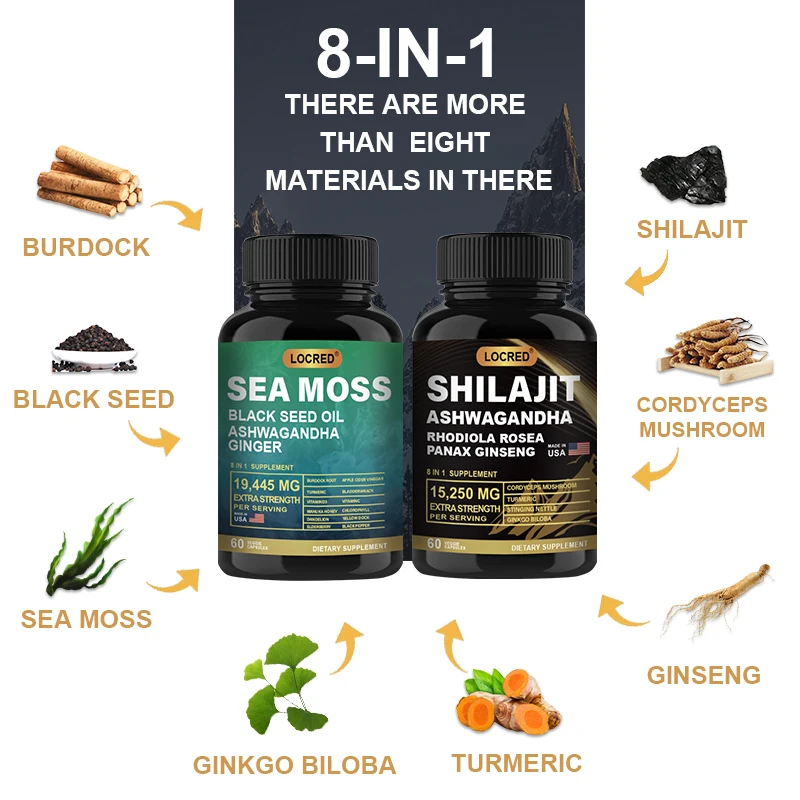 Sea Moss Blend  Shilajit  including Turmeric Curcumin Capsules, Bladderwrack capsules, Burdock roots, Chlorophyll, Ginger