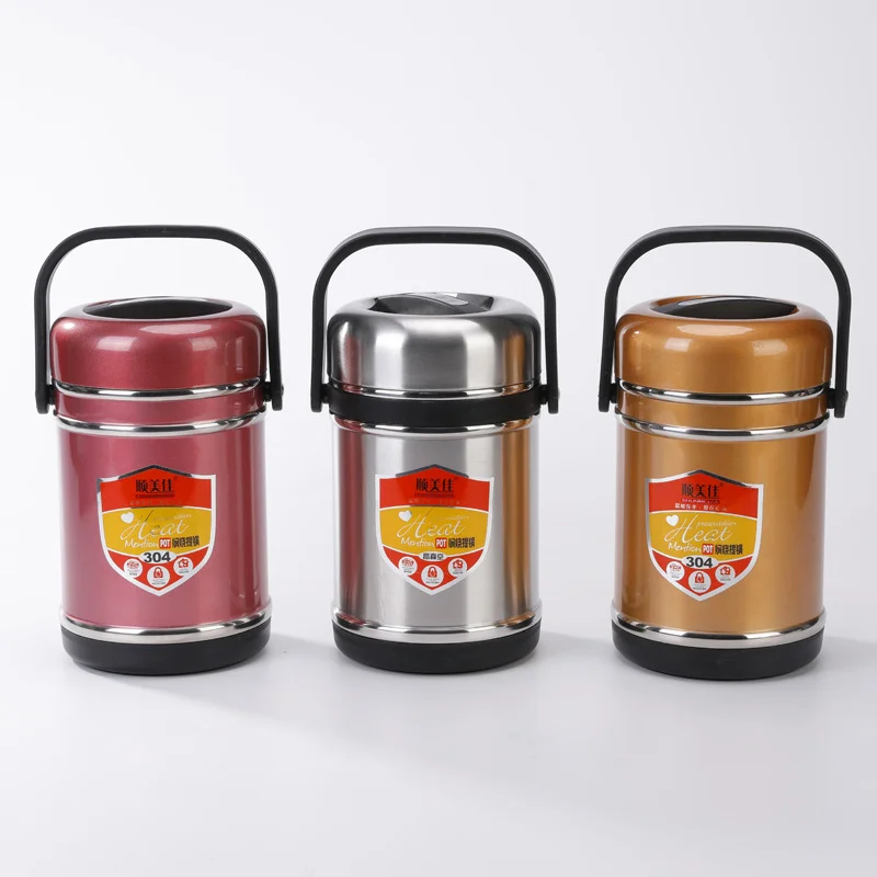 3L Warm Soup Lunch Pot Food Jar Round Container Stainless Steel Food Flask Vacuum Two Layer Handle Lunch Box