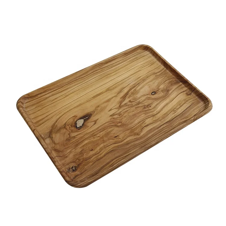 Home Kitchen Tray Coffee Tea Serving Rectangle Olive Wood Wooden Rustic Custom Wood Style Hotel Bar Breakfast Serving Tray