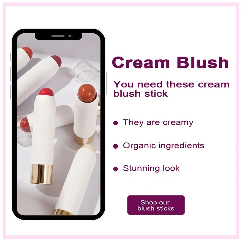 Transparent Cover Round Tip Blush Stick Tube Private Label Pink Flash 3in1 Makeup Highlighter and Multi Use Cream Blush Stick