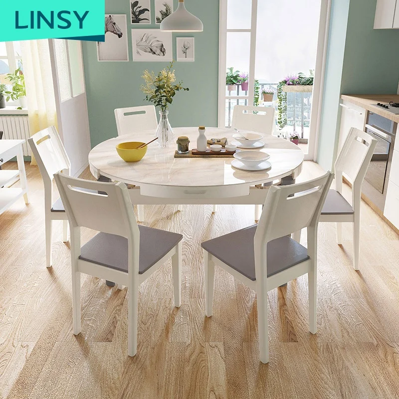 Linsy Nordic Modern White Oval 4 6 Seater Ceramic Marble Extendable Round Dining Table For 8 Chair Ls058R4