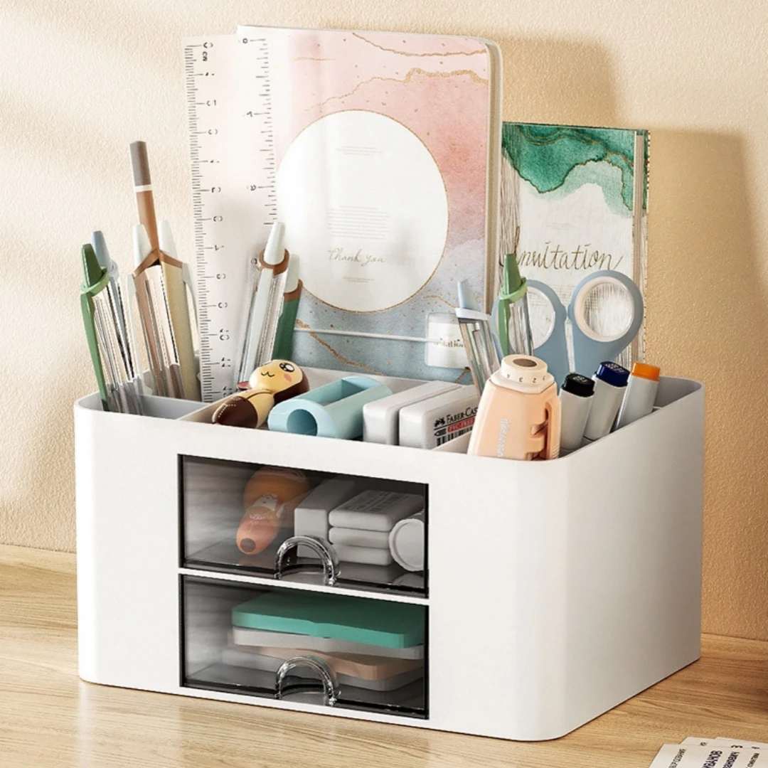 Pen organizer with 2 drawer multi-functional pencil holder with 5 compartments for Desk Organizers Office Art Supplies
