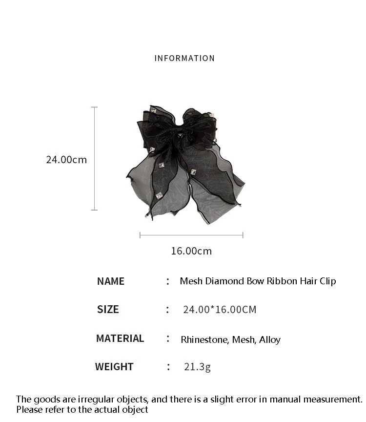 Newest Design Fashion Mesh Large Bow Diamond Ribbon Metal Word Clip Back Head Spring Hair Claw Clips For Women