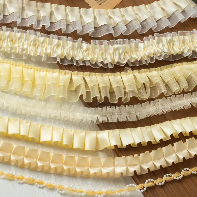 2025 New Design Yellow Organza Mesh Tulle Pleated Ribbon Lace Trimming Ruffled Ruffles Decorative Lace