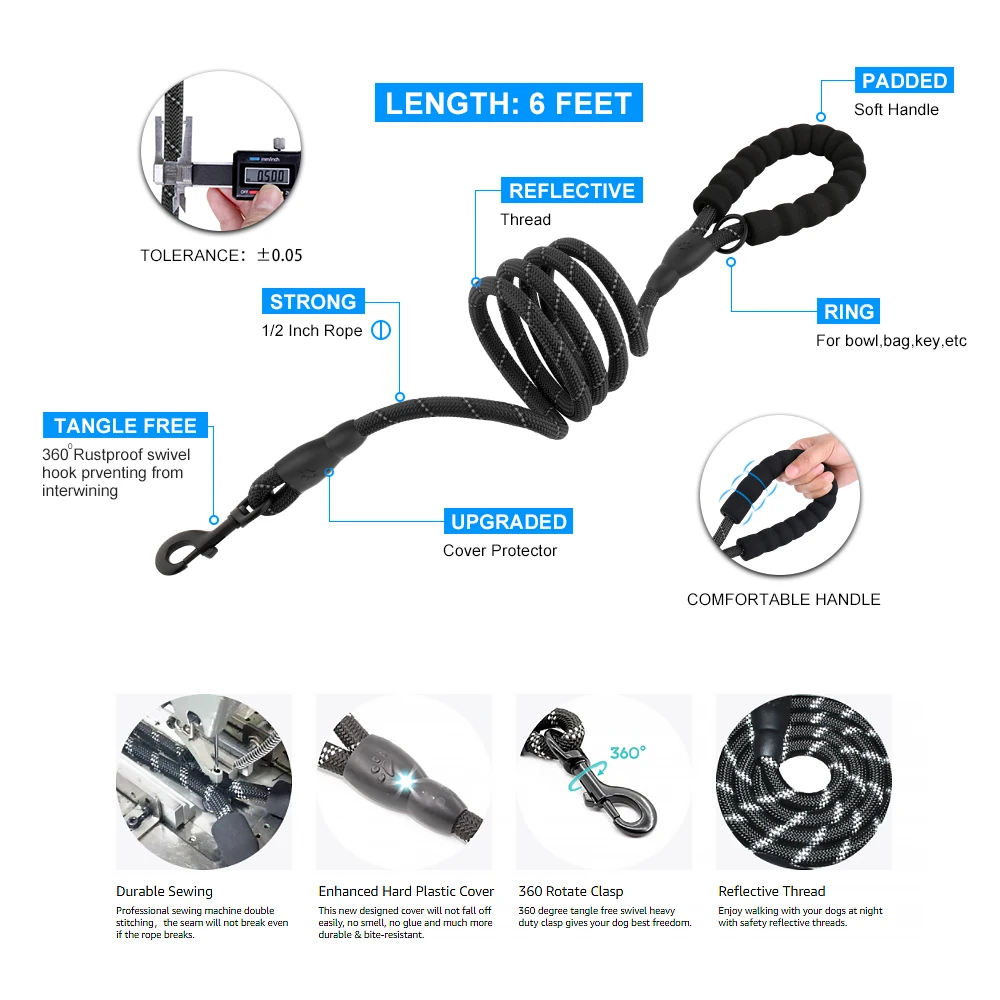 2023 Hottest heavy Duty climbing rope dog leash with comfy padding on handle matching poop bag holder bowl ect in stock