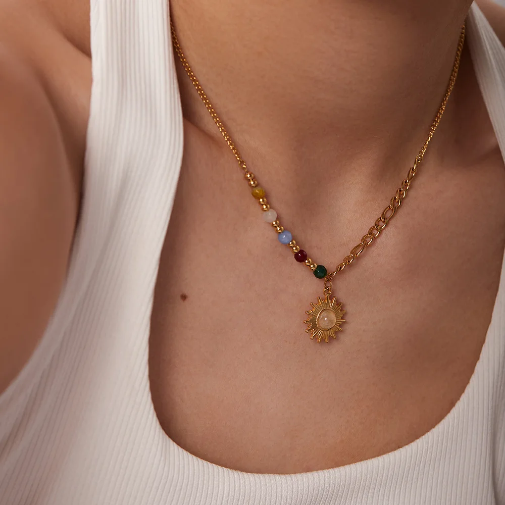 Factory Cheap Price Sun Shape Cat Eye Stone 18K Gold Plated Stainless Steel Jewelry Necklace Waterproof Not Fading Women Pendant