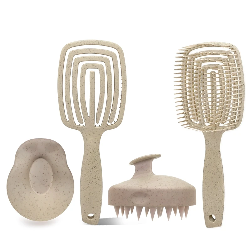 Custom Logo Eco-Friendly Wheat Straw Flexible Bristles Detangling Wet Brush Scalp Massager Shampoo Brush Set For Hair Growth