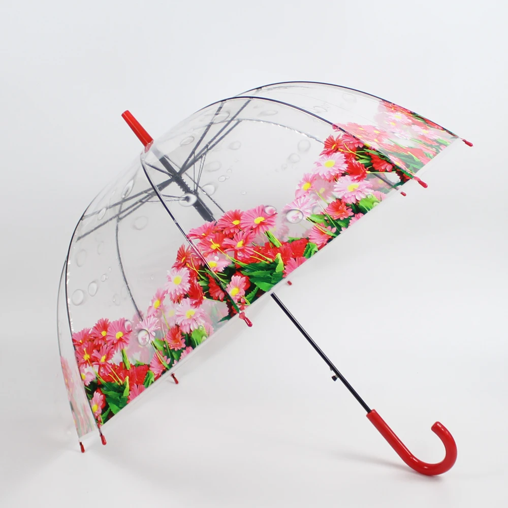 umbrellas with logo Plastic umbrella Most popular straight auto open cheap straight j handle dome umbrella flower design