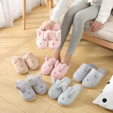 Non-slip slippers for men and women cute ears plush rabbit slippers indoor soft bottom cloth home slippers