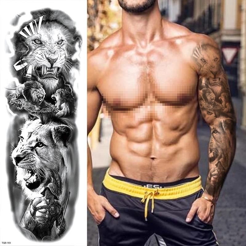 Wholesale Large Full Arm Waterproof Temporary Tattoo Sticker Sleeve Tattoo Lion Crown King RoseWild Wolf Tiger Men Skull