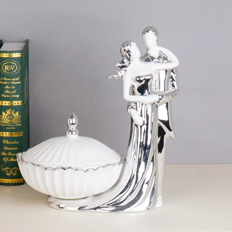 European Silver and Gold Ballet Double Dancing Sculpture Statue Fruit Bowl Ceramic Figurine Couple Dancing Home Decor