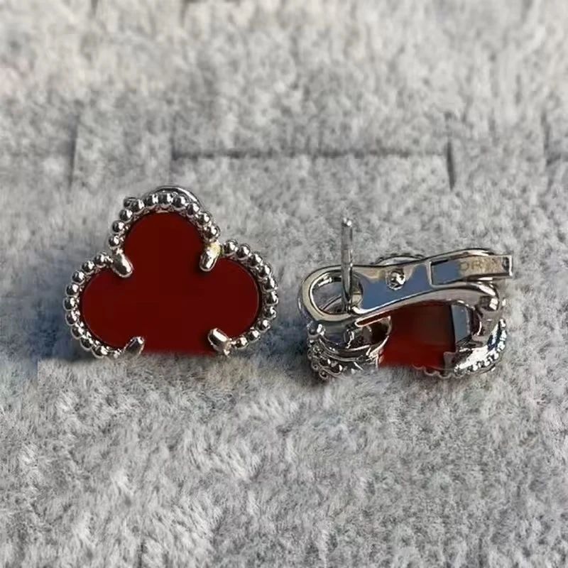 2024 New S925 Sterling silver four-leaf clover White Fritillaria Petals Fashion Earrings Women