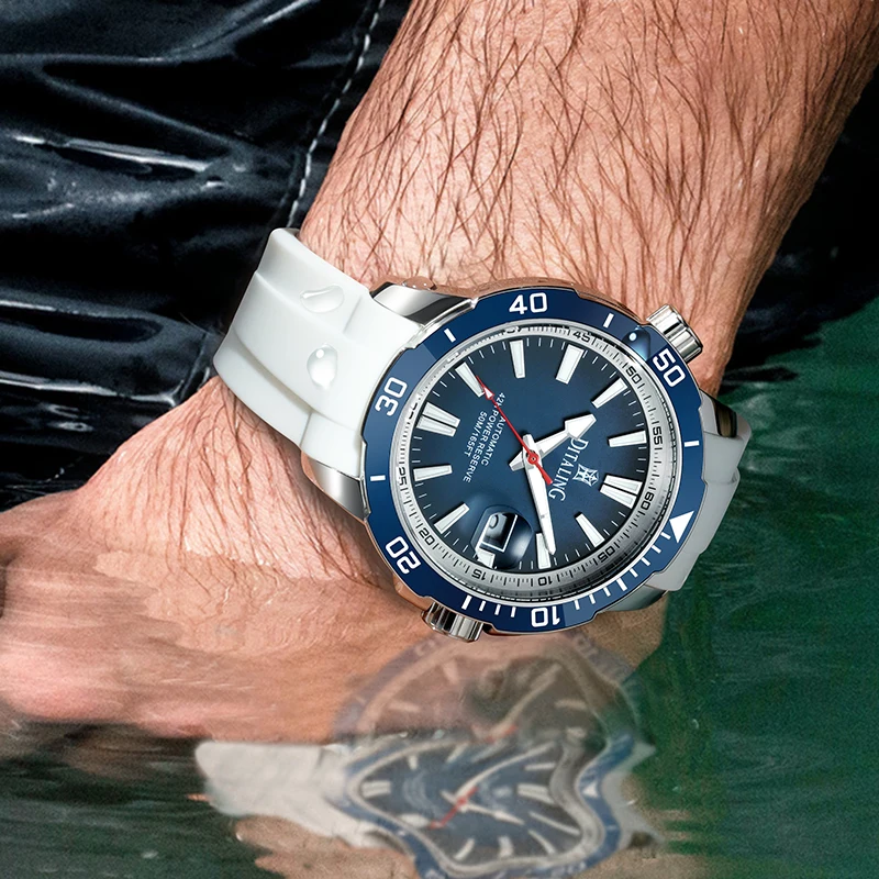 DITALING Stainless Steel Men Wrist Watch Diver Waterproof Rubber Strap Automatic Watches