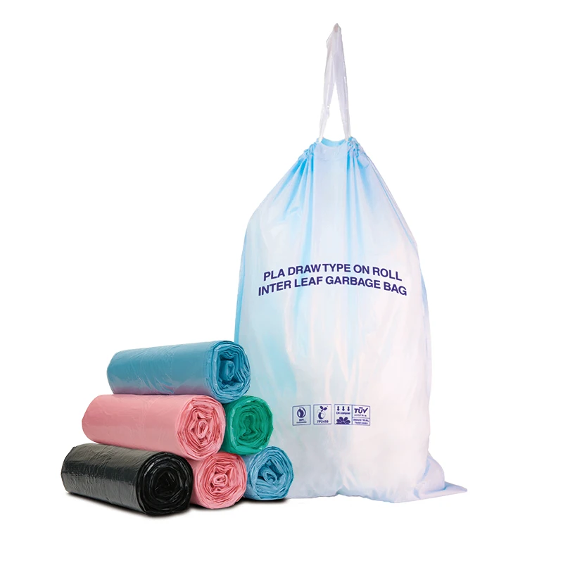 Home Black Compostable Biodegradable Plastic 30mic Drawstring Trash Bag Bin Liners