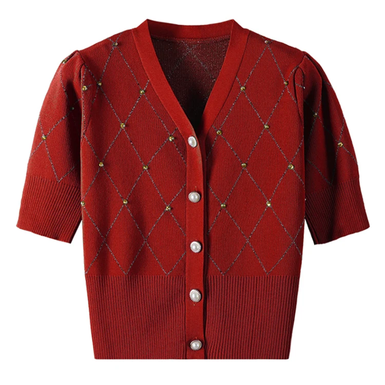 Custom V Neck Ladies Knitwear Summer Cotton Casual Short Sleeve Tops Beaded Design Pearl Button Anti-pilling Sweater