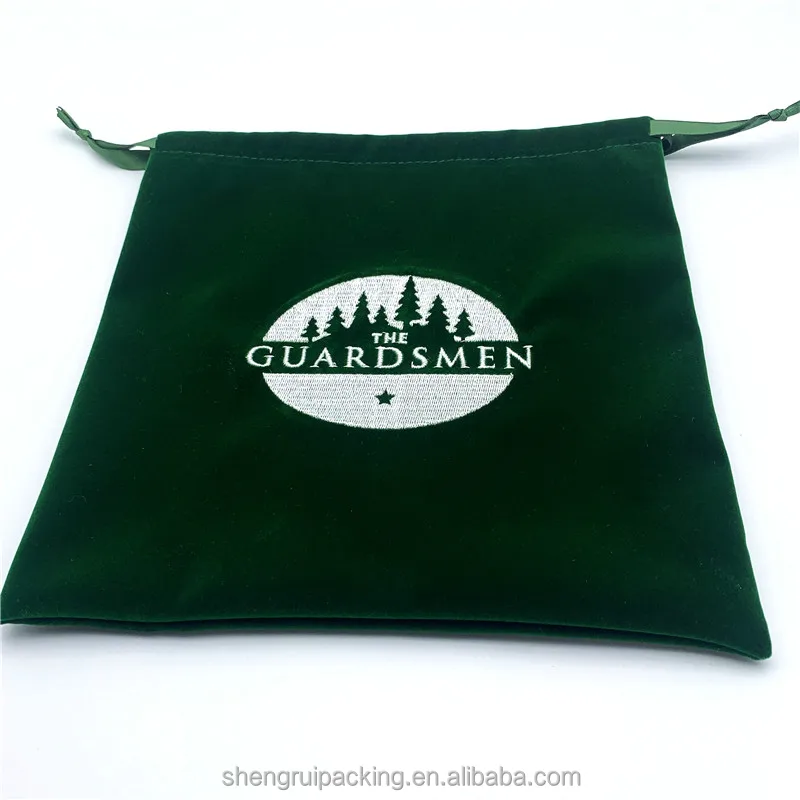Custom Green Velvet Embroidery Bag for Cosmetics Ribbon Drawstring Velvet Dust Handbag Bags