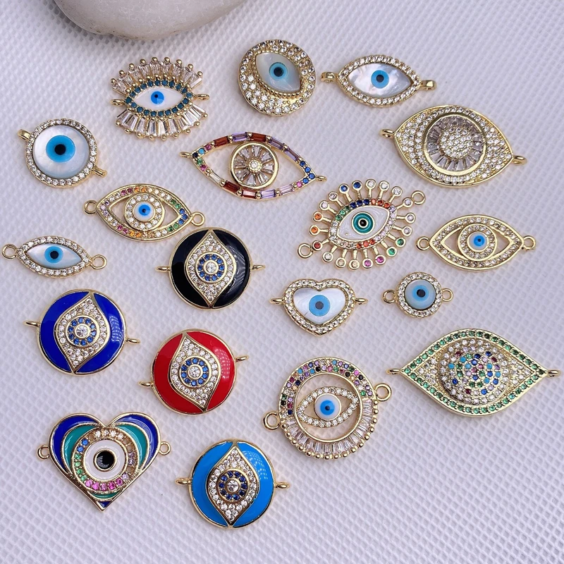 Wholesale 24K Real Gold Plated Cubic Zircon Paved Eyes Charm Connector for Jewelry Making Christmas