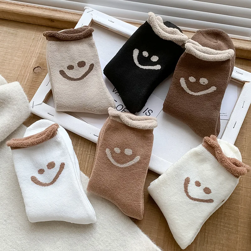 Осенне-зимние шерстяные теплые чулки, толстые хлопковые носки с милым мультяшным улыбающимся лицом